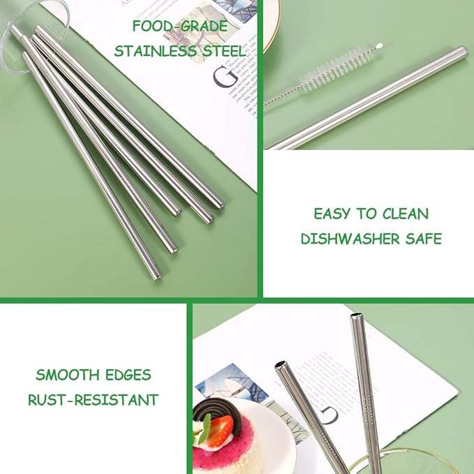 Lazycorner Reusable Stainless Steel Straws Metal Straw with Silicone Tip 5 Pcs 8mm Wide for 20/30/32oz Tumblers Smoothies and Shakes with 2 Cleaning Brushes,1 Portable Bag (Silver)