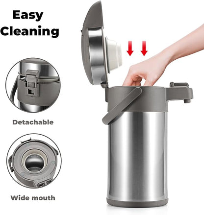 OJOJ 3L/101OZ Thermal Coffee Carafe with Pump, Thermal Beverage Dispenser, Coffee Airpot Stainless Steel Coffee Carafe for Hot Drinks Silver
