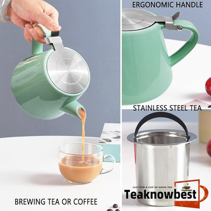 Ceramic teapot, 19oz Tea pot for loose leaf tea, Tea infuser pot with Removable 18/8 Stainless Steel Infuser and teaspoon, Suitable for 1-2 people to brew tea or coffee (azure)