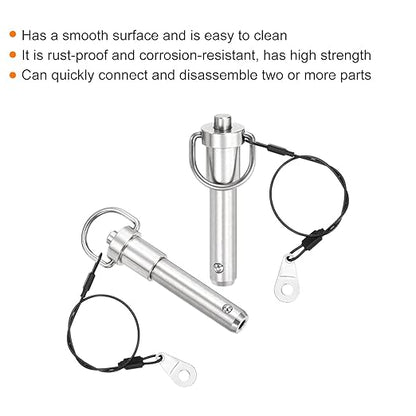 uxcell 2 Pcs Quick Release Pin, 1/2" x 1.5"(Dia. x L) Push-Button Ball Locking Pin 304 Stainless Steel Ring Handle Locking Pin with Wire for Audio Bimini Top Marine, Silver