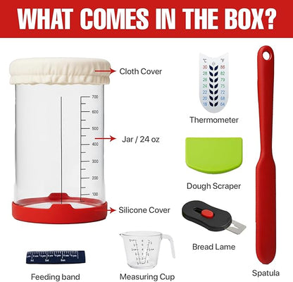 Sourdough Starter Kit, 24 Oz Sourdough Jar with Measuring Cup, Thermometer, Spatula, Dough Scraper, Bread Lame, Silicone Base & Cloth Cover, Feeding Band, Bread Baking Supplies for Bakers (24 Oz)