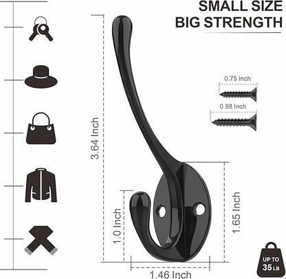 Coat Hooks | Wall Mount Coat Hangers | Black Metal Hooks for Wall with 20 Screws (10Pack)