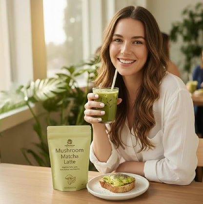 Mushmatcha Mushroom Matcha Latte Powder - Ceremonial Grade Organic Matcha Green Tea with Adaptogenic Mushrooms - Vegan Superfood Drink for Focus & Natural Energy - No Additives, 100% Natural - 100g