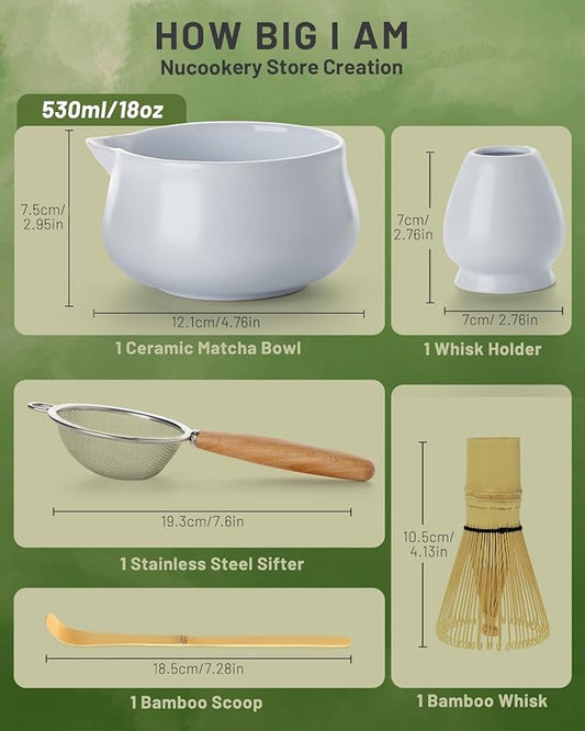 Nucookery Matcha Set - 5PCS Matcha Whisk Set, 18OZ Matcha Bowl (Chawan) with Spout, Matcha Whisk (Chasen) and Holder, Bamboo Matcha Scoop and Sifter, Matcha Kit/Tools/Accessories for Tea Ceremony