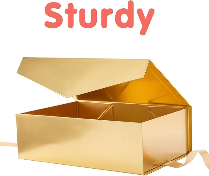 HAPPY POTATO 5 Large Gift Boxes with LIds and Ribbon 11.5x8.1x3.8 Inches, Bridesmaid Proposal Boxes, Gold Gift Boxes for Presents (Glossy Gold, Pack of 5)