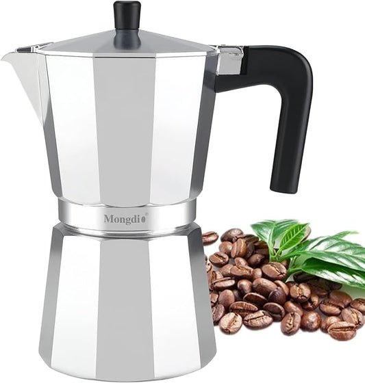 Mongdio Stovetop Espresso Maker Moka Pot, Stove Top Cuban Coffee Maker, Italian Greca Mocha Pot, 9 Espresso Cups, 15 oz - Silver