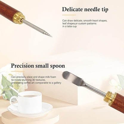 Latte Art Pen 1Pcs,Stainless Steel and Brass with Rosewood Handle of Tools - Barista Tools for Art on Latte,Cappuccino,Espresso - Perfect Coffee Accessories for Coffee Bar