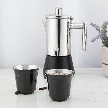 Easyworkz Stainless Steel Espresso Cup 2pcs Set Double Wall Insulated Metal Demitasse Cups (Black, 5 oz)