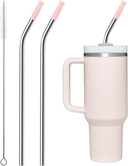 Repeatable Metal Straw with Silicone Tips for 40 oz Stanley Tumbler, 2 Pcs 40 oz Stainless Steel Straws Replacement for Stanley Tumbler, 1 Straw Brush, BPA Free（Light Pink）