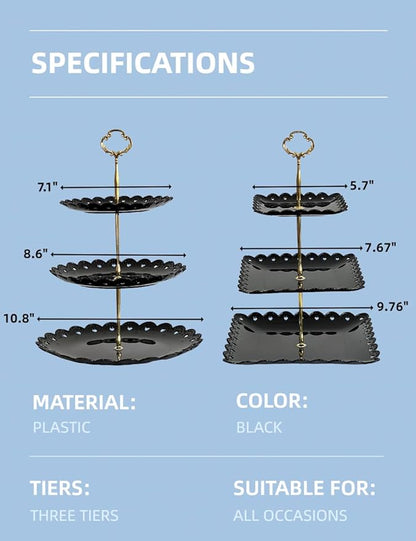 RAUVOLFIA 2 Pack of Plastic Round & Square Dessert Cupcake Stand, 3 Tier Cup Cake Holder Tower for Tea Party/Birthday/Wedding, Plastic Tiered Serving Tray (Black)