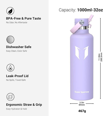 Super Sparrow Insulated Water Bottle - 17 Oz / 25 Oz / 32 Oz - Standard Mouth FlipFlow Flask - BPA Free, Leak Proof Drink Bottle- Ergonomic Straw Water Bottles for Work, Gym, Travel, Sports