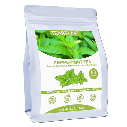 TEARELAE - Peppermint Tea Bags, 80 Count - 100% Pure Peppermint Leaves - Non-GMO - Naturally Caffeine-free Herbal Tea - Support Digestion & Natural Breath Freshener