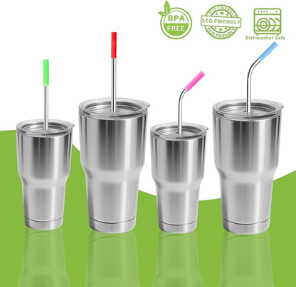 Lazycorner 16 Pcs Metal Straw Reusable 8.5" 10.5" 6mm Stainless Steel Straws for Kids,20oz-32oz, Silver Drinking Straws with Silicone Tips, 4 Straw Cleaner Brush, 1 Travel Case