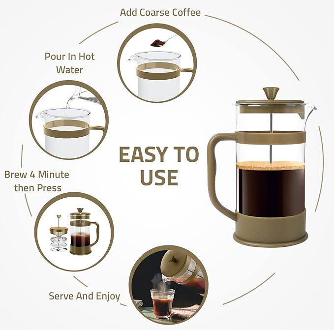 Utopia Kitchen 12 Ounce 0.35 Liter French Press Coffee Maker, Tea Maker, Travel Coffee Presses, Heat Resistant Thickened Borosilicate Coffee Pot for Camping Travel Gifts, Gold Pack of 1