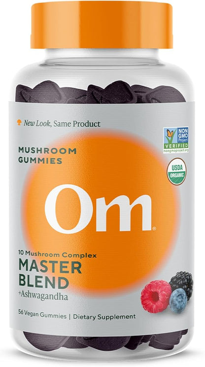 Om Master Blend Mushroom Gummies - Organic Mushroom Supplement with 10 Mushrooms and Ashwagandha – Support Immunity, Gut Health & Stress Relief, 56 Count (28 Servings), Mixed Berry Flavor