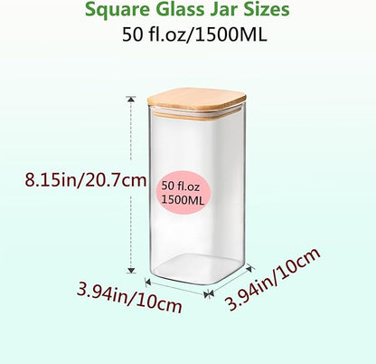 Square Glass Jars Canister with Wood Lid 50 FL OZ [Set of 3], Container Jar with Sealing, Lids for Oat Pasta Flour Cereal Rice Sugar Tea Coffee Beans, Best for Kitchen & Pantry
