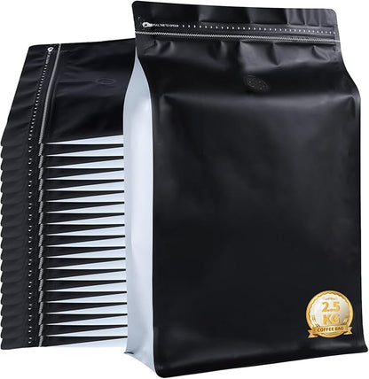 New 2.5 KG Large Capacity Coffee Bags with Valve (50 PCS) Black Sides White High Barrier Aluminum Foil Flat Bottom Standing Coffee Beans Storage Packaging Bags, Reusable Heat Seal Side Zipper Pouches
