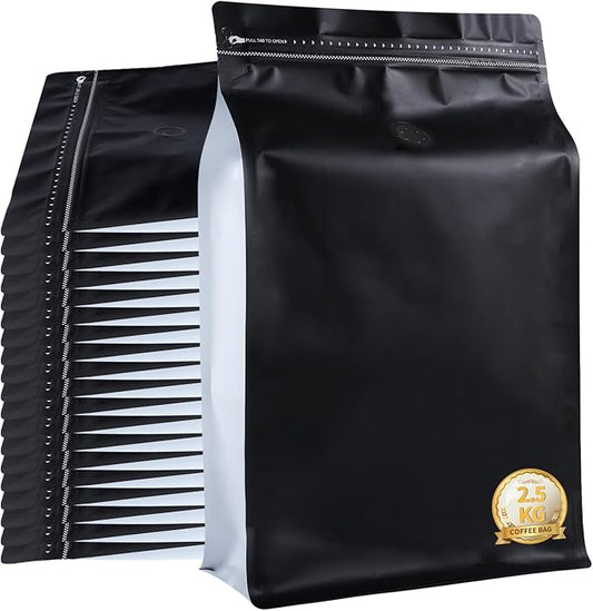 New 2.5 KG Large Capacity Coffee Bags with Valve (50 PCS) Black Sides White High Barrier Aluminum Foil Flat Bottom Standing Coffee Beans Storage Packaging Bags, Reusable Heat Seal Side Zipper Pouches