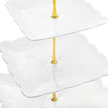 Tebery 2 Pack 3-Tier White Ceramic Embossed Dessert Cake Tower Stand with Gold Carry Handle, Cupcake Stand Serving Trays, Porcelain Party Food Server Display Holder