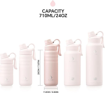 IDEUS Insulated Stainless Steel Water Bottle with 2 Leak-Proof Lids, Thermal Water Flask for Hiking Biking, 24oz, Light Pink