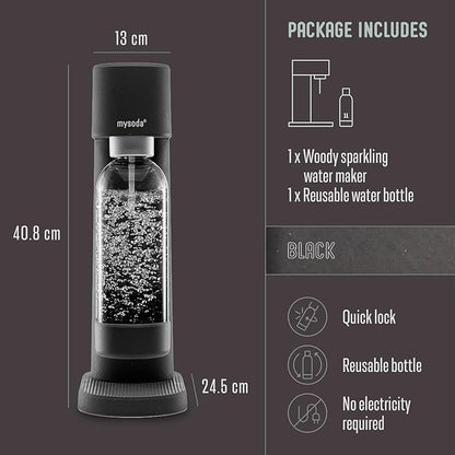 Mysoda Woody Sparkling Water Maker - Silent Carbonated Water Machine Made of Renewable Wood Composite and 1L Water Bottle - Without CO2 Cylinder - Seltzer Maker Machine - Colour Black