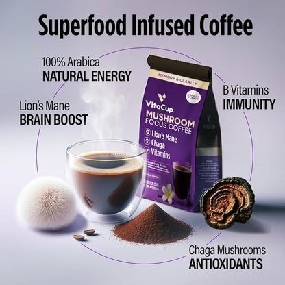 VitaCup Focus Mushroom Coffee Grounds, Vanilla Flavored Coffee with Lions Mane, Chaga, B Vitamins, D3, Boost Focus, Immunity, Memory & Clarity, Medium Dark Roast, 100% Arabica Specialty, 3 bags, 10 oz each