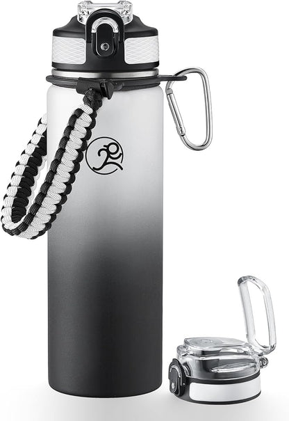 GOSWAG Insulated Sports Water Bottle, 24oz 2 Lids(with Straw/No Straw), Stainless Steel Water Bottles with Paracord Handle, Insulated Bottle with Double-Wall Vacuum Insulation