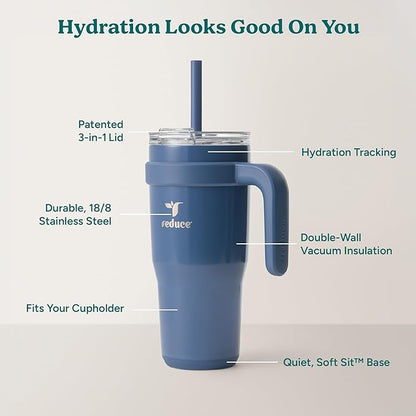 Reduce 24 oz Stainless Steel Tumbler with Handle - Dual-Wall Vacuum Insulated Travel Mug, Sweat-Proof Lid & Reusable Straw - Keeps Drinks Cold for 24 Hrs, Fits Cupholders, Dishwasher Safe-Mineral Blue
