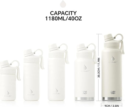IDEUS Insulated Stainless Steel Water Bottle with 2 Leak-Proof Lids, Thermal Water Flask for Hiking Biking, 40oz, White