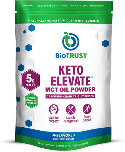 BioTrust Keto Elevate – C8 MCT Oil Powder – Ketogenic MCT Coffee Creamer, Keto Coffee Creamer – Clean Energy, Mental Focus & Clarity – 100% Caprylic Acid MCT Powder, Non-GMO (Unflavored, 20 Servings)