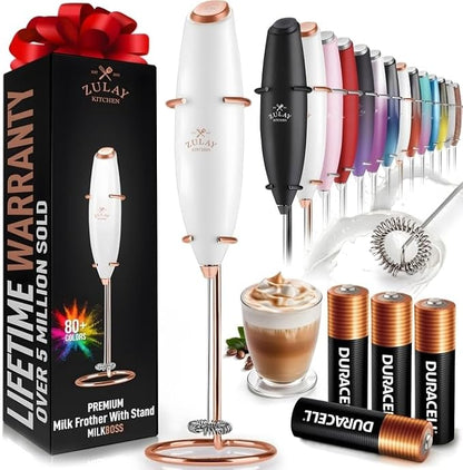 Zulay Kitchen Powerful Milk Frother Wand With 4 AA Duracell Batteries - Ultra Fast Handheld Drink Mixer - Electric Whisk Foam Maker for Coffee, Lattes, Cappuccino, Matcha & Creamer -