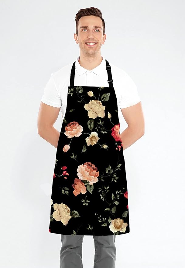 Watercolor Floral Pattern with of Roses Adjustable Bib Apron Kitchen Cooking Baking Gardening Apron for Women Men