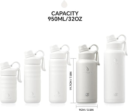 IDEUS Insulated Stainless Steel Water Bottle with 2 Leak-Proof Lids, Thermal Water Flask for Hiking Biking, 32oz, White