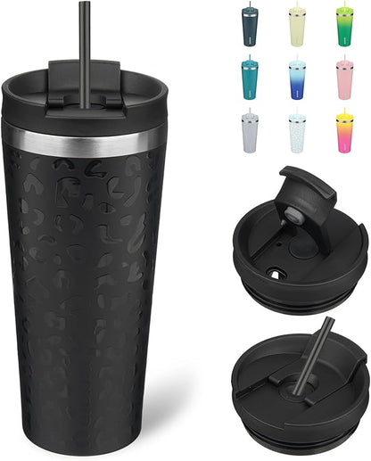 BJPKPK 22oz Insulated Tumbler With lid And Straw Stainless Steel Tumblers Travel Coffee Mug Reusable Thermal Cup,Black Leopard