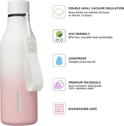 BJPKPK Insulated Water Bottles, 18 oz Stainless Steel Metal Water Bottle with Strap, BPA Free Leak Proof Thermos, Mugs, Flasks, Reusable Water Bottle for Sports & Travel, Graceful Pink