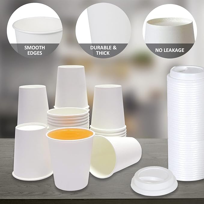 Smygoods White Disposable Paper Coffee Cups with Lids (8 OZ, 25 Count) For Hot Beverages, Tea, Espresso, Cocoa - To Go Drink Containers, Café & Office