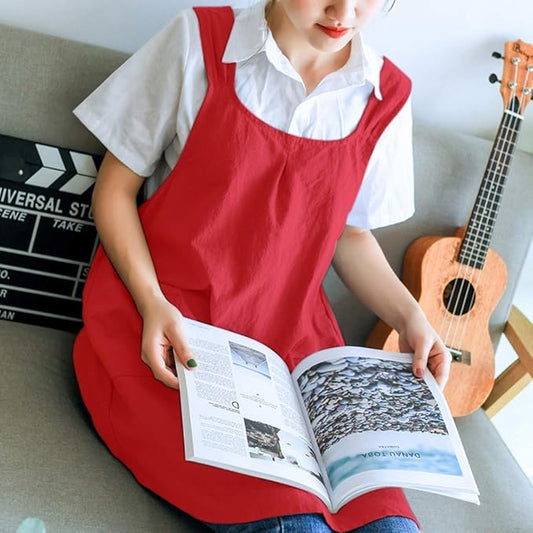 NEWGEM Japanese Linen Cross Back Cooking Aprons for Women Men with Pockets Cute for Baking Kitchen