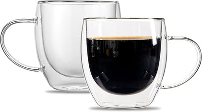 Restaurantware-Forma Professional 8.5 Ounce Glass Coffee Cups, 2 Insulated Coffee Cups With Handle - Dishwashable, Reusable, Clear Double Wall Beverage Tumblers, Freezable, For Hot Or Cold Beverages