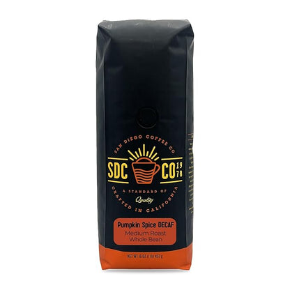 San Diego Coffee DECAF Pumpkin Spice, Medium Roast, Whole Bean Coffee, 16-Ounce Bag Café en grano tostado descafeinado