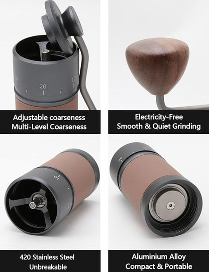 Manual coffee grinder, portable stainless steel cone grinder with solid wood knob, adjustable handle, suitable for home office travel, camping or hiking, black