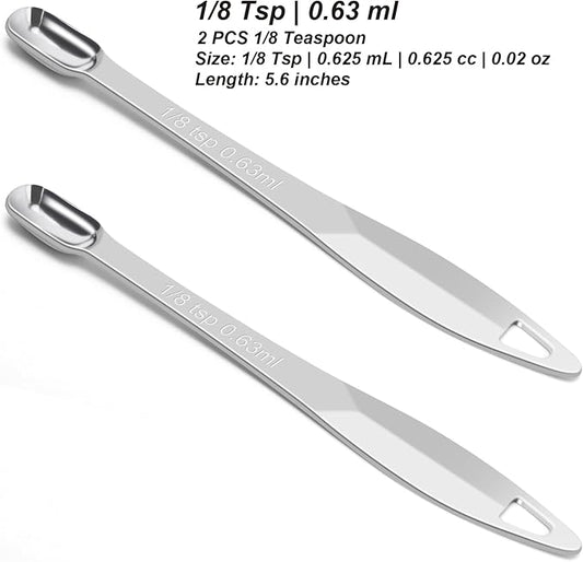 2 Pcs 1/8 Teaspoon (0.63 mL | 1/8 Tsp | 0.63 cc | 1/64 oz) Stainless Steel Single Measuring Spoon, Long Handle Metal Measuring Spoon, Kitchen Gadgets for Cooking & Baking