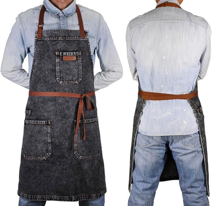 Denim Apron with Pockets, Mens Womens Professional Black Kitchen Bib Apron for Chef Cooking Grill BBQ, with Towel Loop and Adjustable Neck Straps