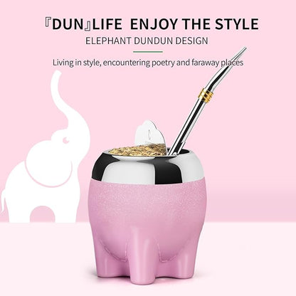 Premium Yerba Mate Cup 5 in 1 Set, Including Stainless Steel Gourd (Glitter Stars, Cute Elephant Style) Bombilla Straw, and Tea Shaper Set, 5.4oz, Gift for Women Drinking Coffee Tea Water (Pink)