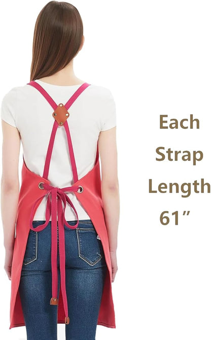 AFUN Chef Aprons for Women Men with Large Pockets, Cotton Canvas Cross Back Water Repellent Work Apron, Size M to XXL (Pink)