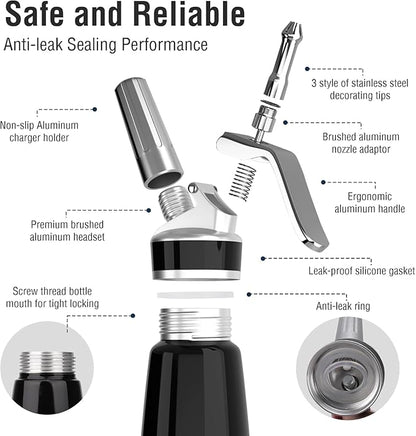 Whipped Cream Dispenser,Aluminum 500ml Whipped Cream Maker,3 Decorating Nozzles,1 Brush,1 Storage Bag,withou N2O Charger,Black