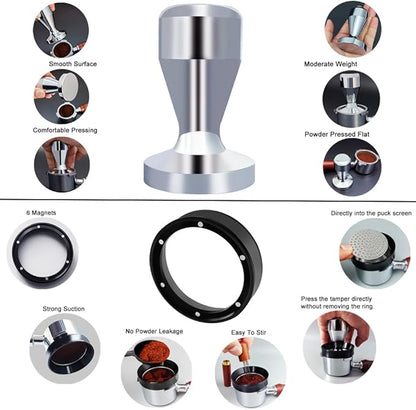 51mm Espresso Tamper Set, 5PCS Coffee Tamper Kit with WDT Tool, Coffee Stirrer, Dosing Funnel, Puck Screen 51mm Espresso Accessories Tampers Kit (Silver)