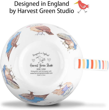 Cute Owl Coffee Mug, 20 oz Premium Bone China Mug with Charming Owls in Color Scarves and Hats—Cozy, Wise, and Perfect for Bird Enthusiasts, Designed in England by Harvest Green Studio