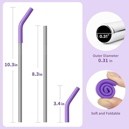 Stainless Steel Straws for 20 oz Yeti Tumbler, 5 Pcs Metal Straws Reusable with Silicone Tip for 20 oz Stanley Cup and 16 oz Glass Tumbler, Cleaning Brush, 1 Portable Bag