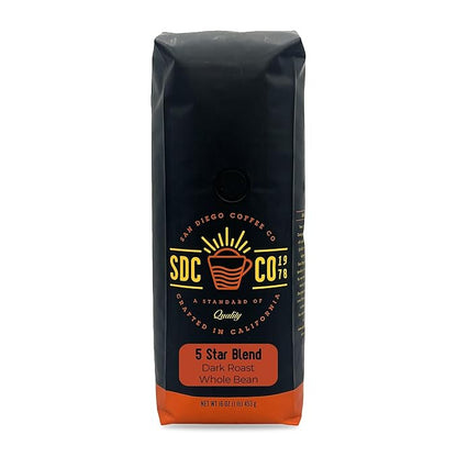 San Diego Coffee 5 Star Blend, Dark Roast, Whole Bean Coffee, 16-Ounce Bag Café en grano tostado