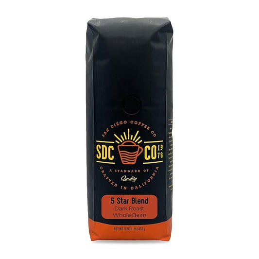 San Diego Coffee 5 Star Blend, Dark Roast, Whole Bean Coffee, 16-Ounce Bag Café en grano tostado